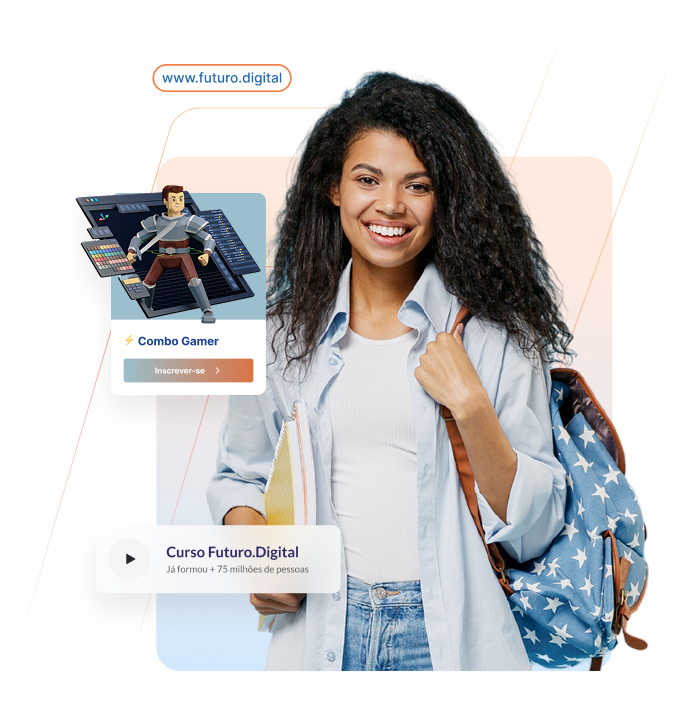 Uma jovem negra de cabelos longos, roupas claras e camisa azul clara. Está segurando no braço esquerdo sua mochila azul com estrelas brancas e cadernos alaranjados no braço direito. Compondo a imagem vemos informações apenas visuais de cursos e de video-aulas, trazendo a interpretação de que há diversos cursoso do Futuro.Digital disponíveis para o público.